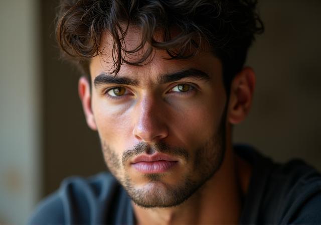 自然光の中で撮影された男性の力強いポートレート